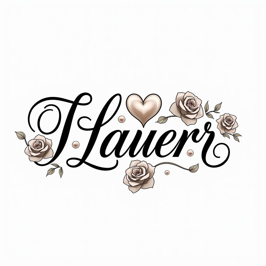 lauren gabrielin elegant cursive calligraphy style 2d tattoo, decorate with roses, featuring a smooth and flowing handwritten script with slightly thickened strokes for a luxurious and bold appearance,  heart symbol between names,  sleek and glossy black text with shadowing, minimalist matte white background, clean and sharp edges, illuminated with soft lighting, romantic, 8k, high-quality textures with refined typography - Variation 3