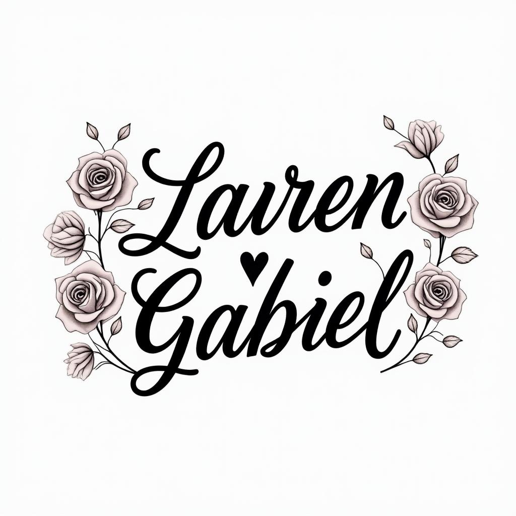 lauren gabrielin elegant cursive calligraphy style 2d tattoo, decorate with roses, featuring a smooth and flowing handwritten script with slightly thickened strokes for a luxurious and bold appearance,  heart symbol between names,  sleek and glossy black text with shadowing, minimalist matte white background, clean and sharp edges, illuminated with soft lighting, romantic, 8k, high-quality textures with refined typography - Variation 2