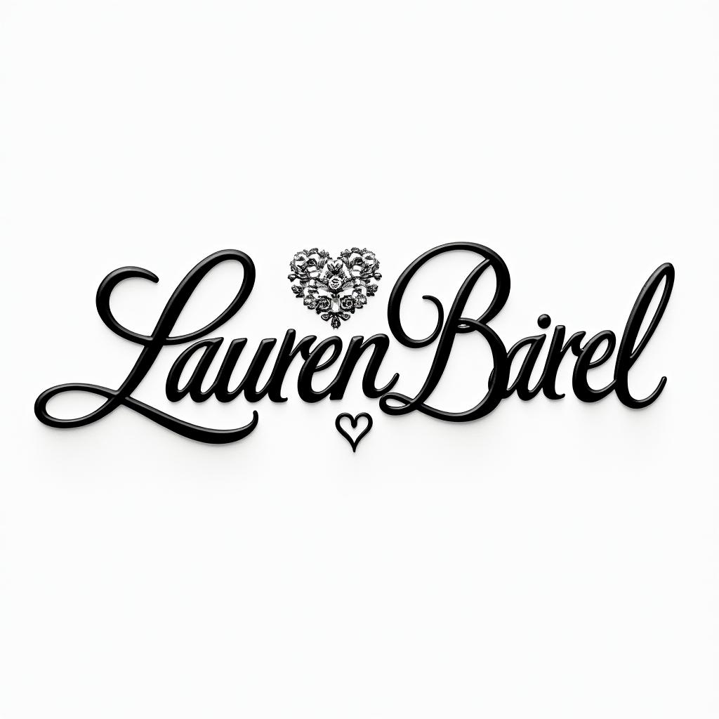 lauren gabrielin elegant cursive calligraphy style 2d tattoo, decorate with roses, featuring a smooth and flowing handwritten script with slightly thickened strokes for a luxurious and bold appearance,  heart symbol between names,  sleek and glossy black text with shadowing, minimalist matte white background, clean and sharp edges, illuminated with soft lighting, romantic, 8k, high-quality textures with refined typography