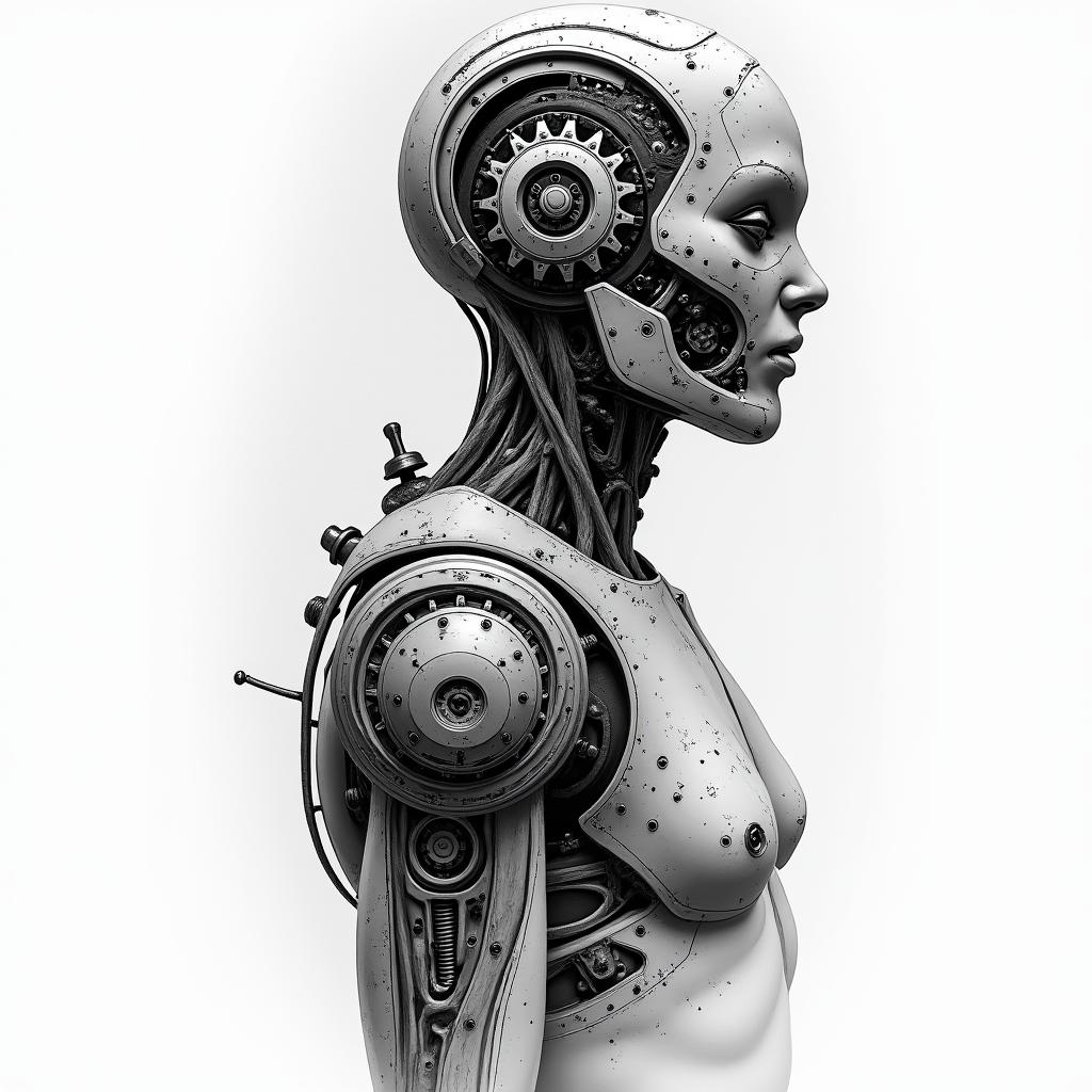 Mechanic tools carstattoo in biomechanic style, the tattoo covered by robotic elements of futuristic cyberpunk design, robotic features detail, showcasing intricate mechanical components - Variation 2