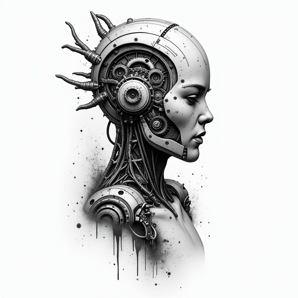 Mechanic tools carstattoo in biomechanic style, the tattoo covered by robotic elements of futuristic cyberpunk design, robotic features detail, showcasing intricate mechanical components - Variation 4