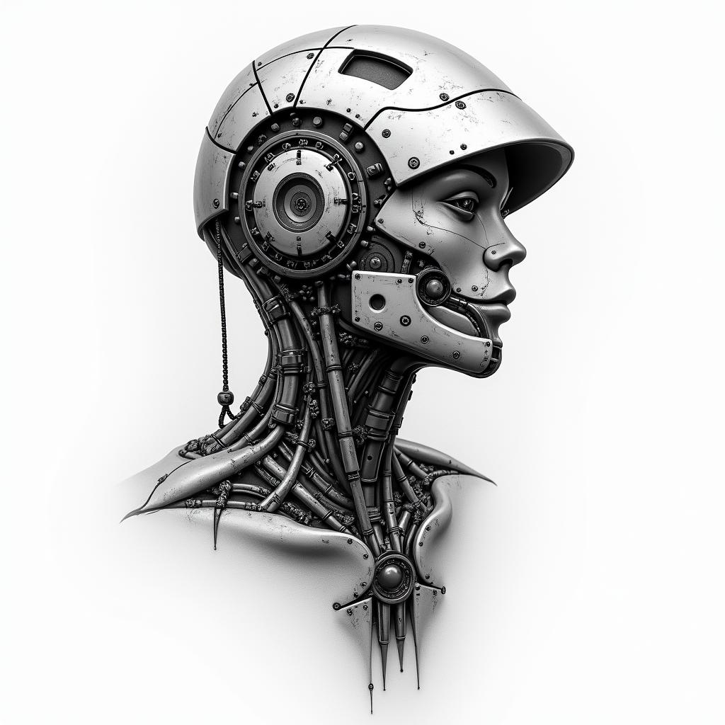 Mechanic tools carstattoo in biomechanic style, the tattoo covered by robotic elements of futuristic cyberpunk design, robotic features detail, showcasing intricate mechanical components