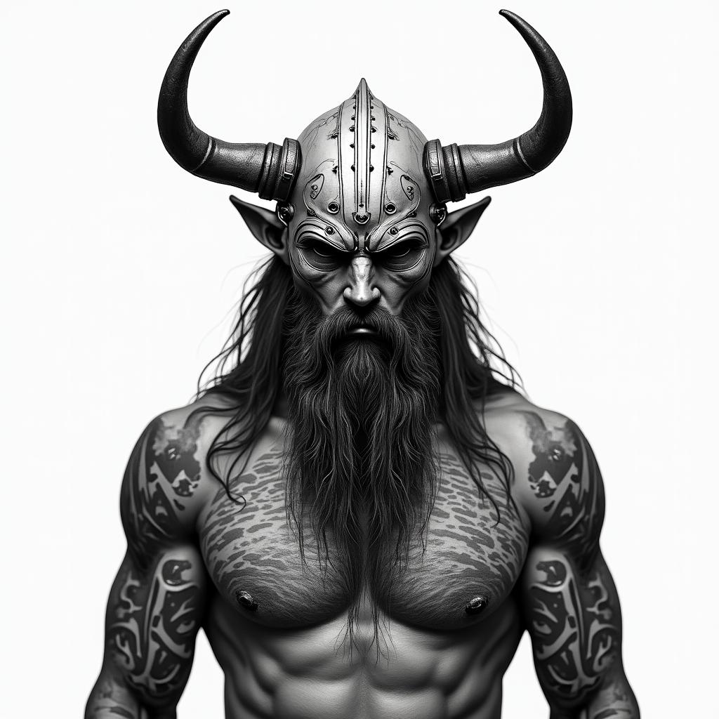 Fierce Viking with artistic helmet designtattoo in biomechanic style, the tattoo covered by robotic elements of futuristic cyberpunk design, robotic features detail, showcasing intricate mechanical components - Variation 3