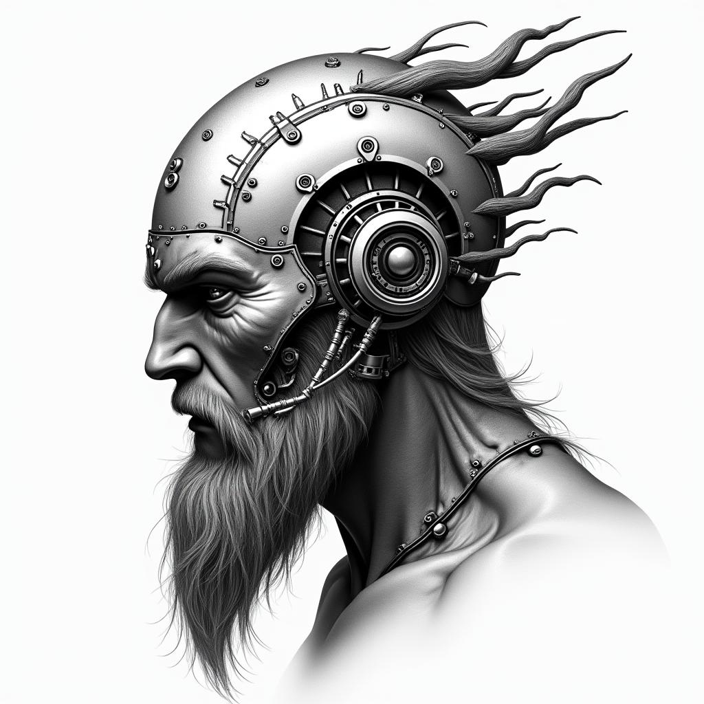 Fierce Viking with artistic helmet designtattoo in biomechanic style, the tattoo covered by robotic elements of futuristic cyberpunk design, robotic features detail, showcasing intricate mechanical components - Variation 4
