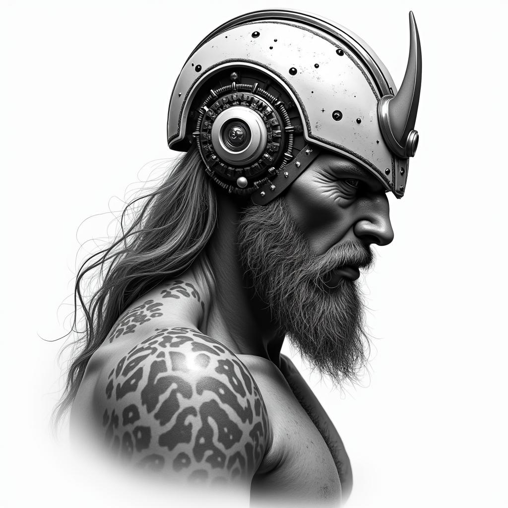 Fierce Viking with artistic helmet designtattoo in biomechanic style, the tattoo covered by robotic elements of futuristic cyberpunk design, robotic features detail, showcasing intricate mechanical components - Variation 2