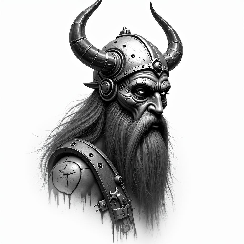 Fierce Viking with artistic helmet designtattoo in biomechanic style, the tattoo covered by robotic elements of futuristic cyberpunk design, robotic features detail, showcasing intricate mechanical components