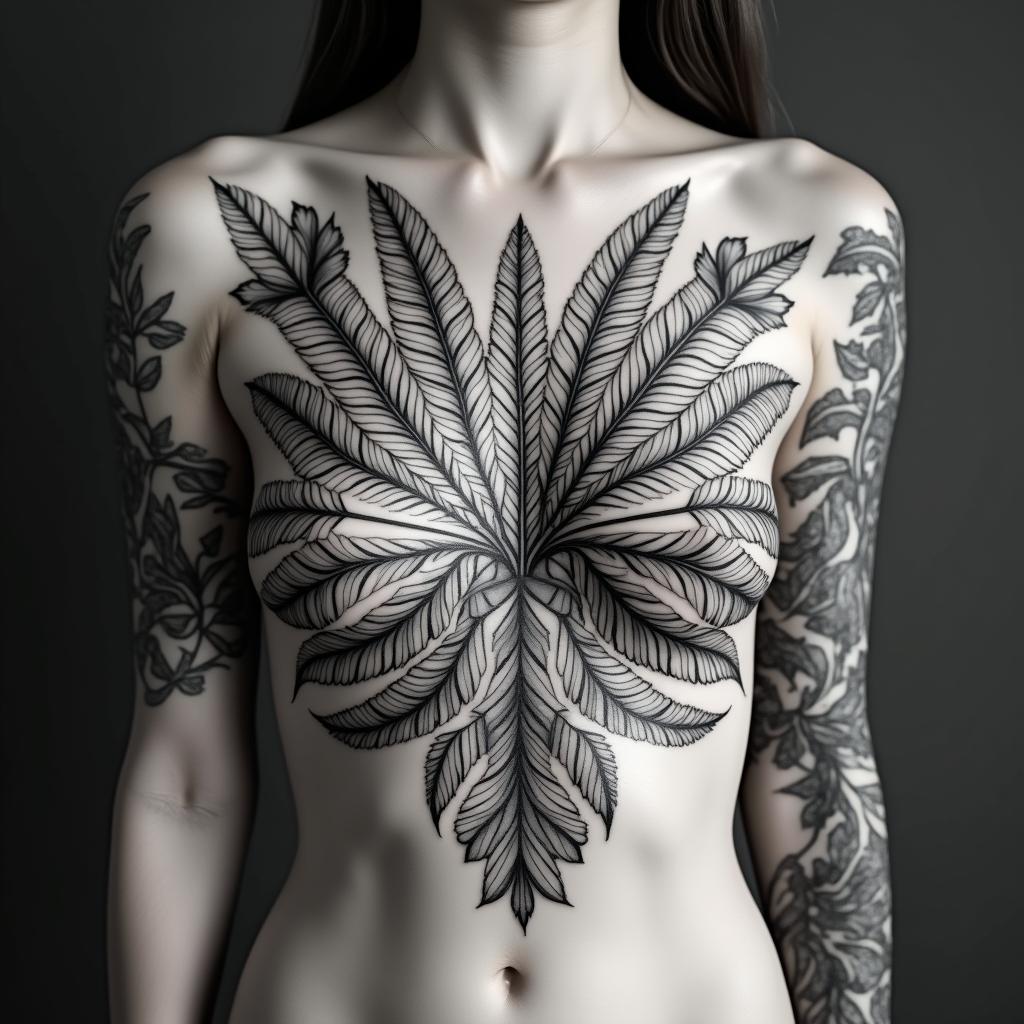 Fern leafs and tropical plants in a mandela designin ornamental tattoo style, featuring intricate symmetrical patterns and floral designs, showcasing highly detailed line work and geometric shapes, creating a sense of elegance and balance - Variation 3
