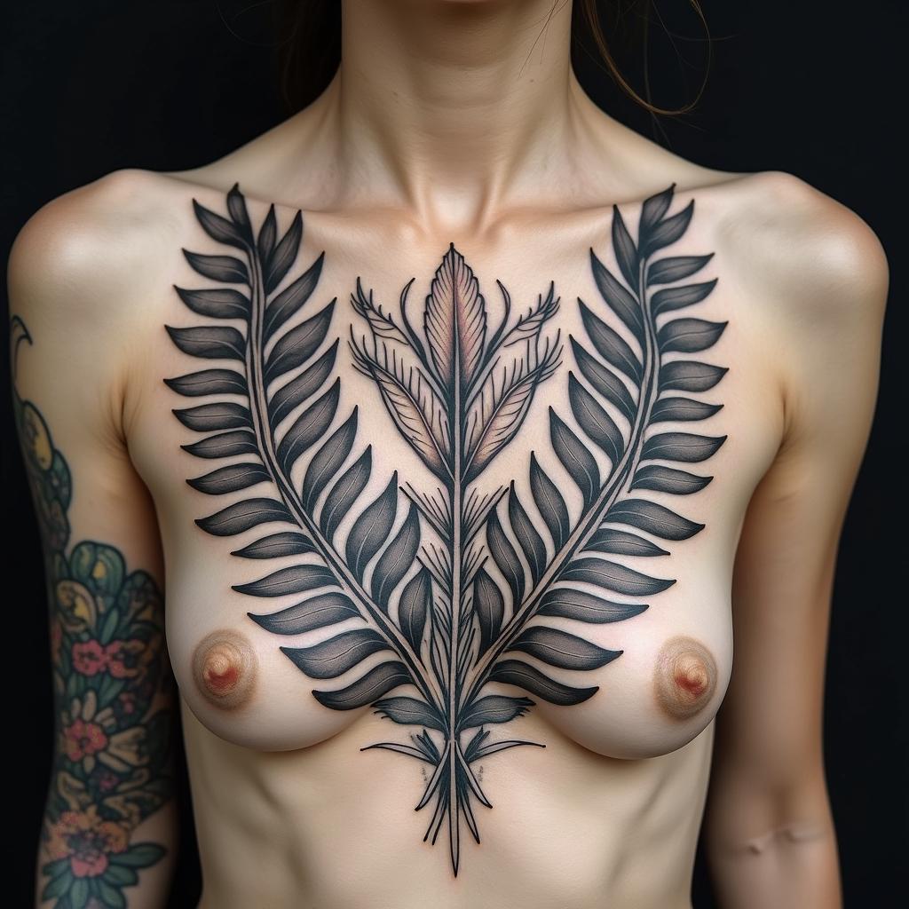 Fern leafs and tropical plants in a mandela designin ornamental tattoo style, featuring intricate symmetrical patterns and floral designs, showcasing highly detailed line work and geometric shapes, creating a sense of elegance and balance