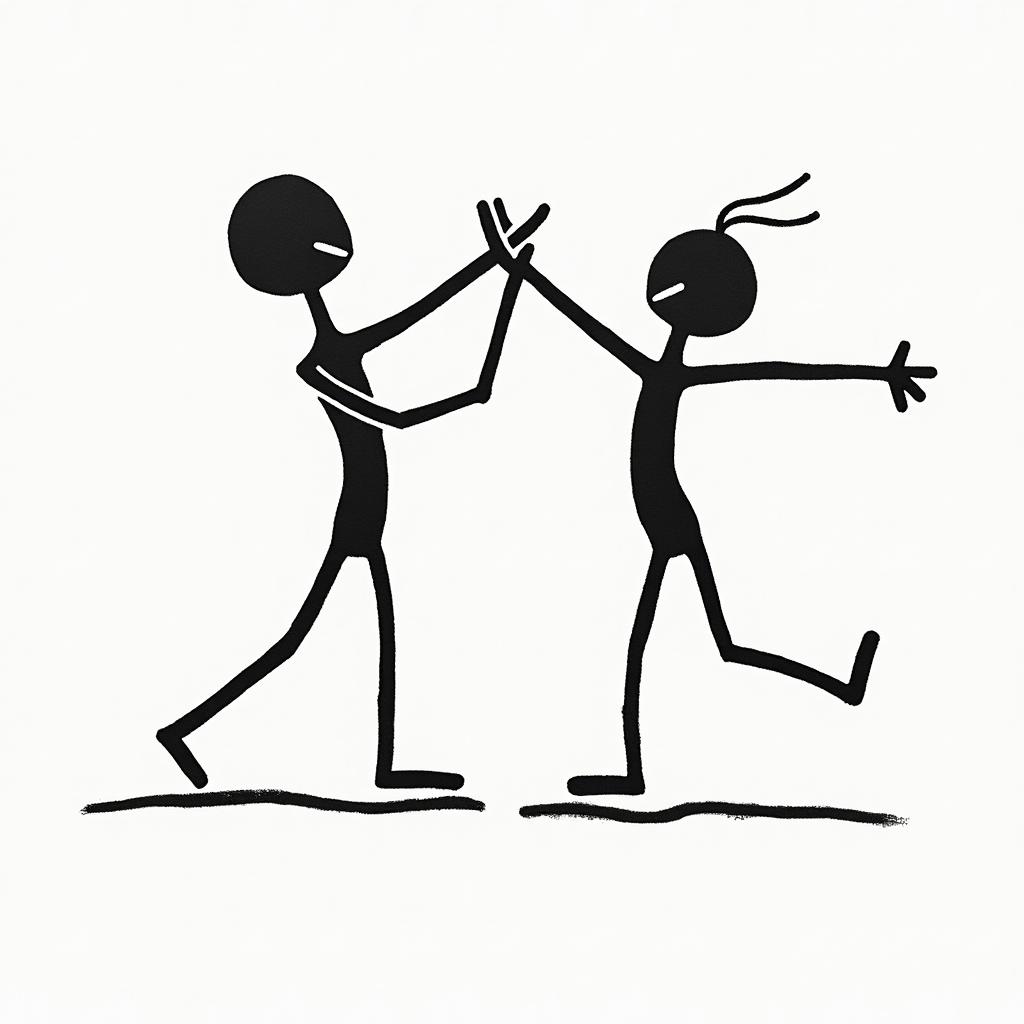 Jericoabstract dancing figures in Keith Haring style, featuring bold black outlines and solid color fills, figures posed in dynamic and playful dance movements, minimalist design
