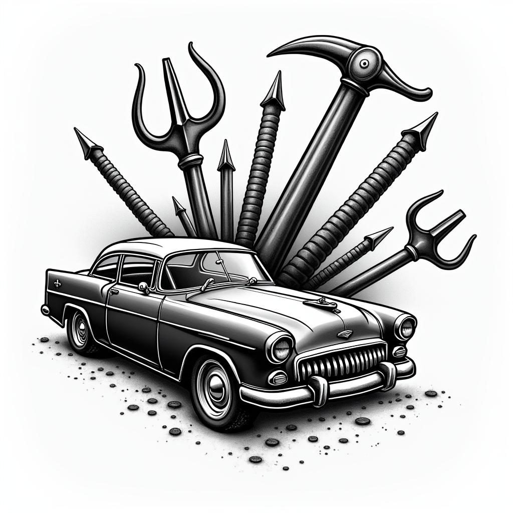 Mechanic tools carsin authentic tattoo style, incorporating traditional modifications, bold black outlines, solid color fills, featuring classic authentic elements