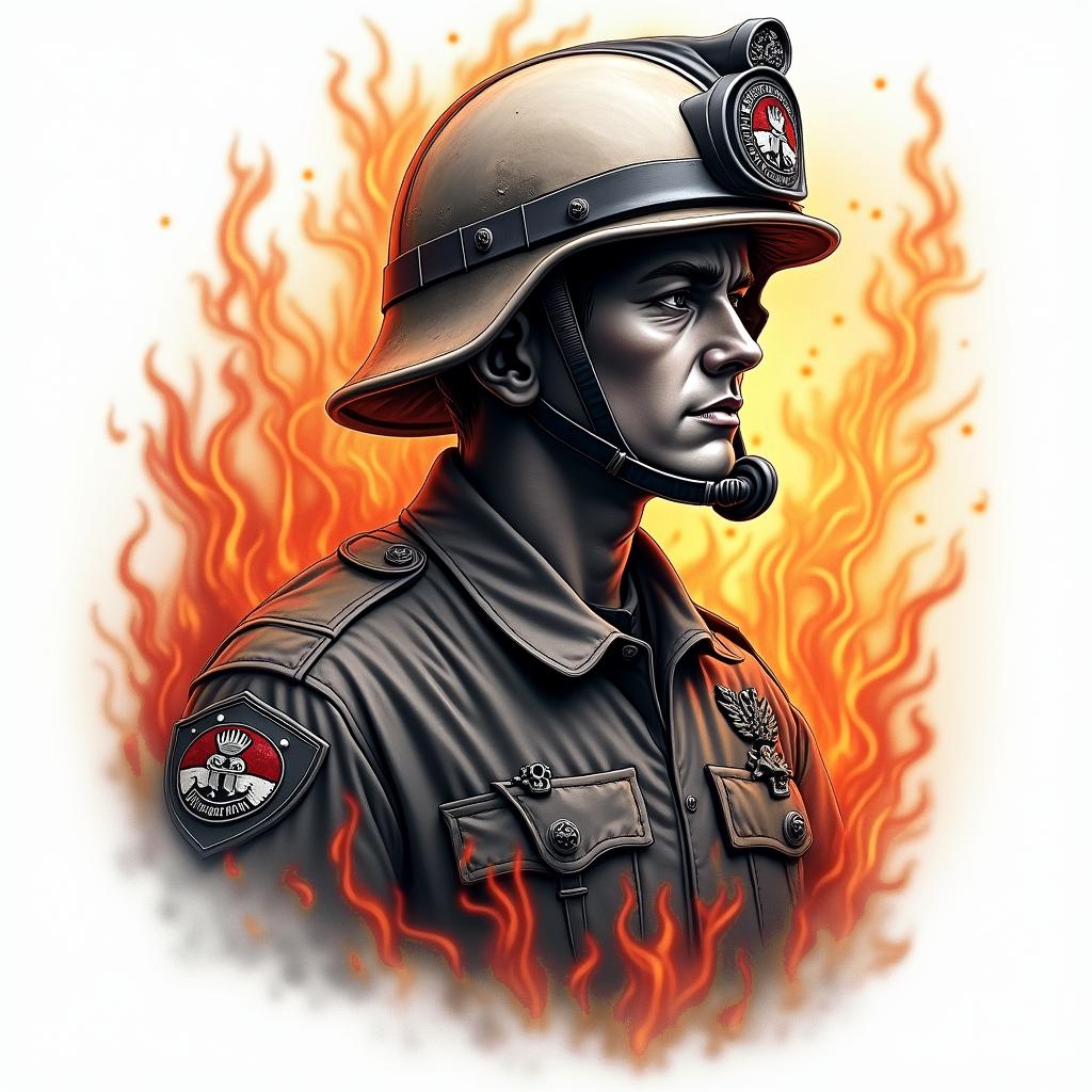 Fire Brigade Federal Armed Forcesin flame tattoo style showcasing fiery elements with dynamic flame patterns, glowing effect of flames, natural colors