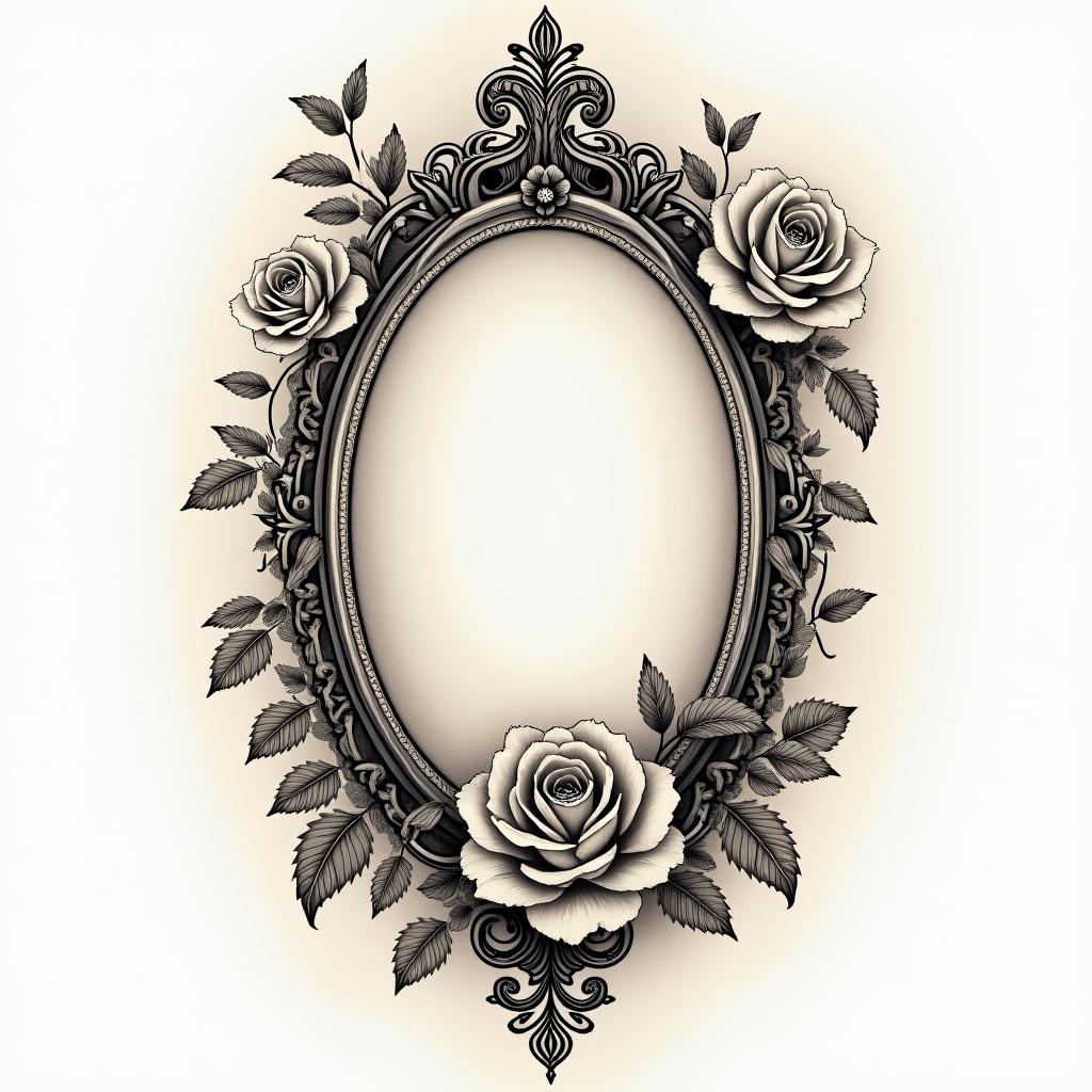 floralin victorian style tattoo, featuring vintage and elegant elements, ornate frames, roses, antique, sepia-toned color scheme
