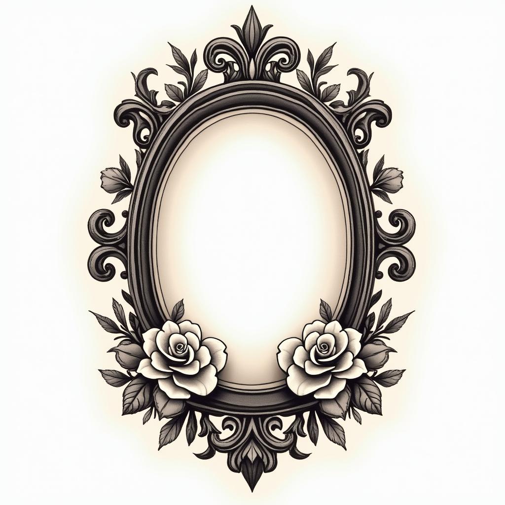 floralin victorian style tattoo, featuring vintage and elegant elements, ornate frames, roses, antique, sepia-toned color scheme - Variation 3