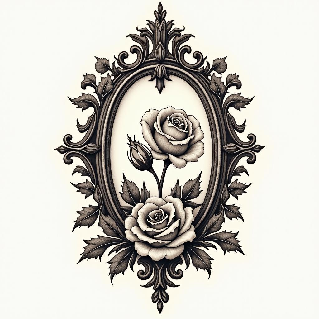 floralin victorian style tattoo, featuring vintage and elegant elements, ornate frames, roses, antique, sepia-toned color scheme - Variation 4
