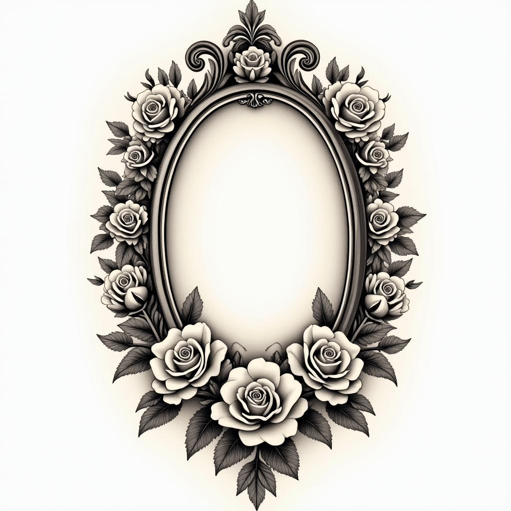 floralin victorian style tattoo, featuring vintage and elegant elements, ornate frames, roses, antique, sepia-toned color scheme - Variation 2