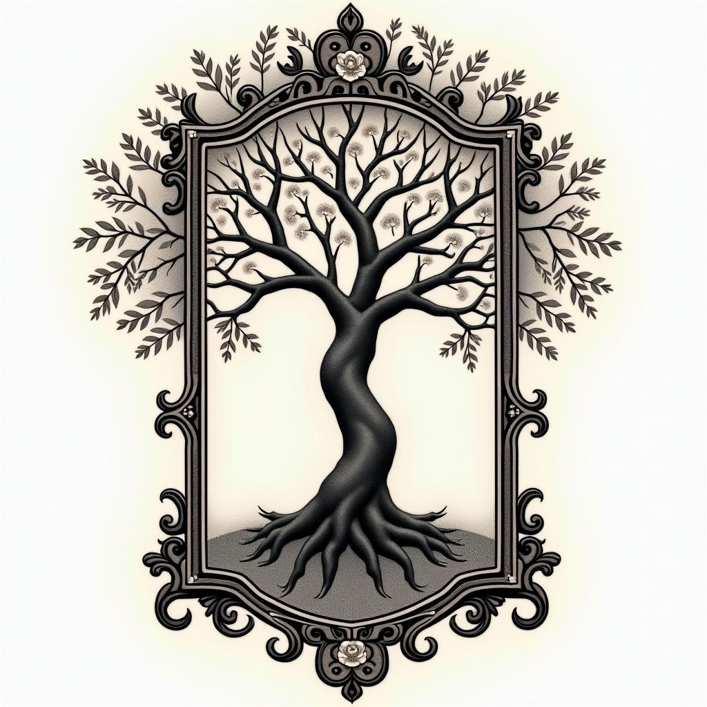 Tree of life with roots and branchesin victorian style tattoo, featuring vintage and elegant elements, ornate frames, roses, antique, sepia-toned color scheme - Variation 8