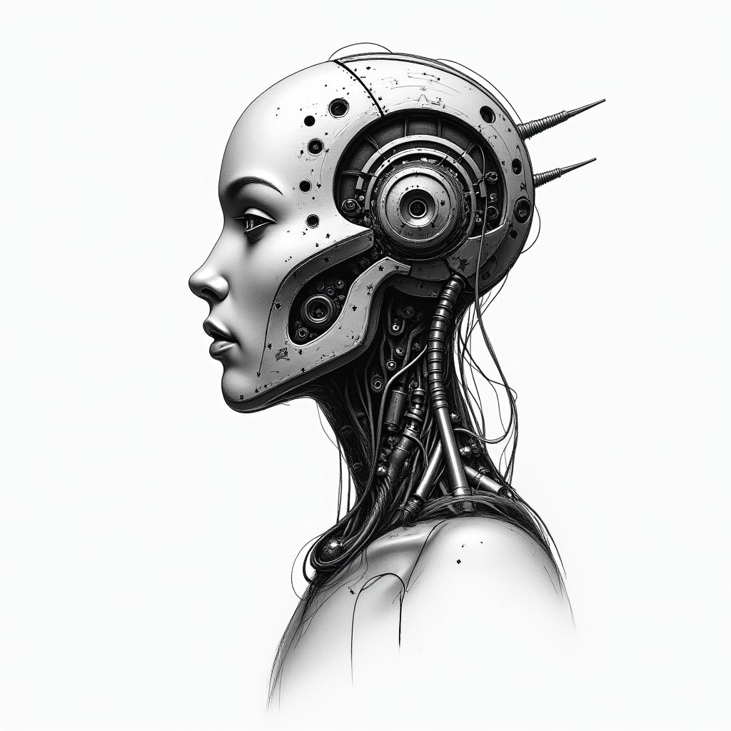 tribaltattoo in biomechanic style, the tattoo covered by robotic elements of futuristic cyberpunk design, robotic features detail, showcasing intricate mechanical components - Variation 4
