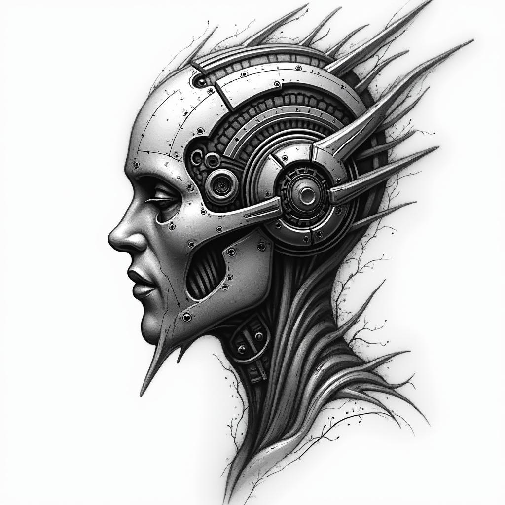 tribaltattoo in biomechanic style, the tattoo covered by robotic elements of futuristic cyberpunk design, robotic features detail, showcasing intricate mechanical components - Variation 2