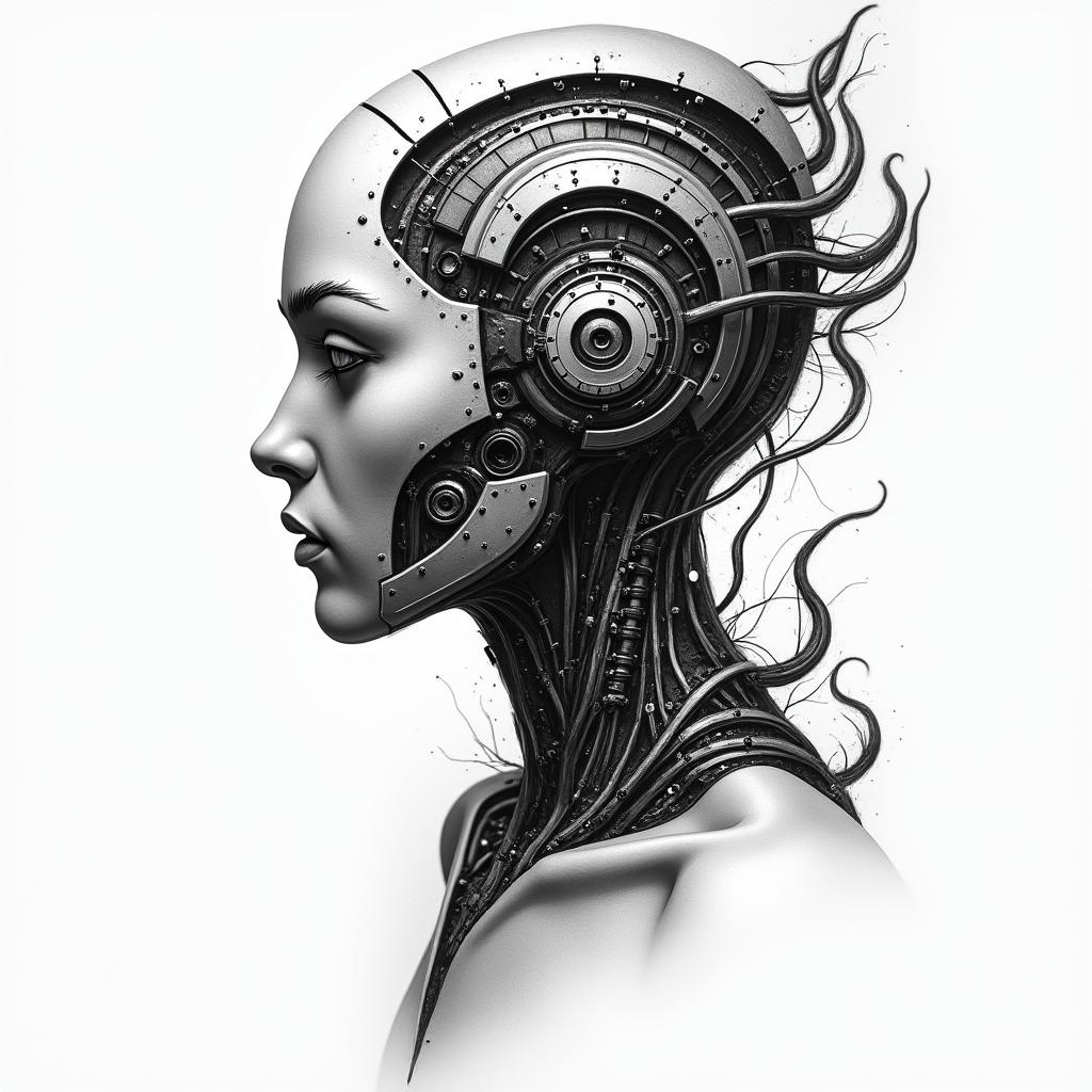 tribaltattoo in biomechanic style, the tattoo covered by robotic elements of futuristic cyberpunk design, robotic features detail, showcasing intricate mechanical components - Variation 3