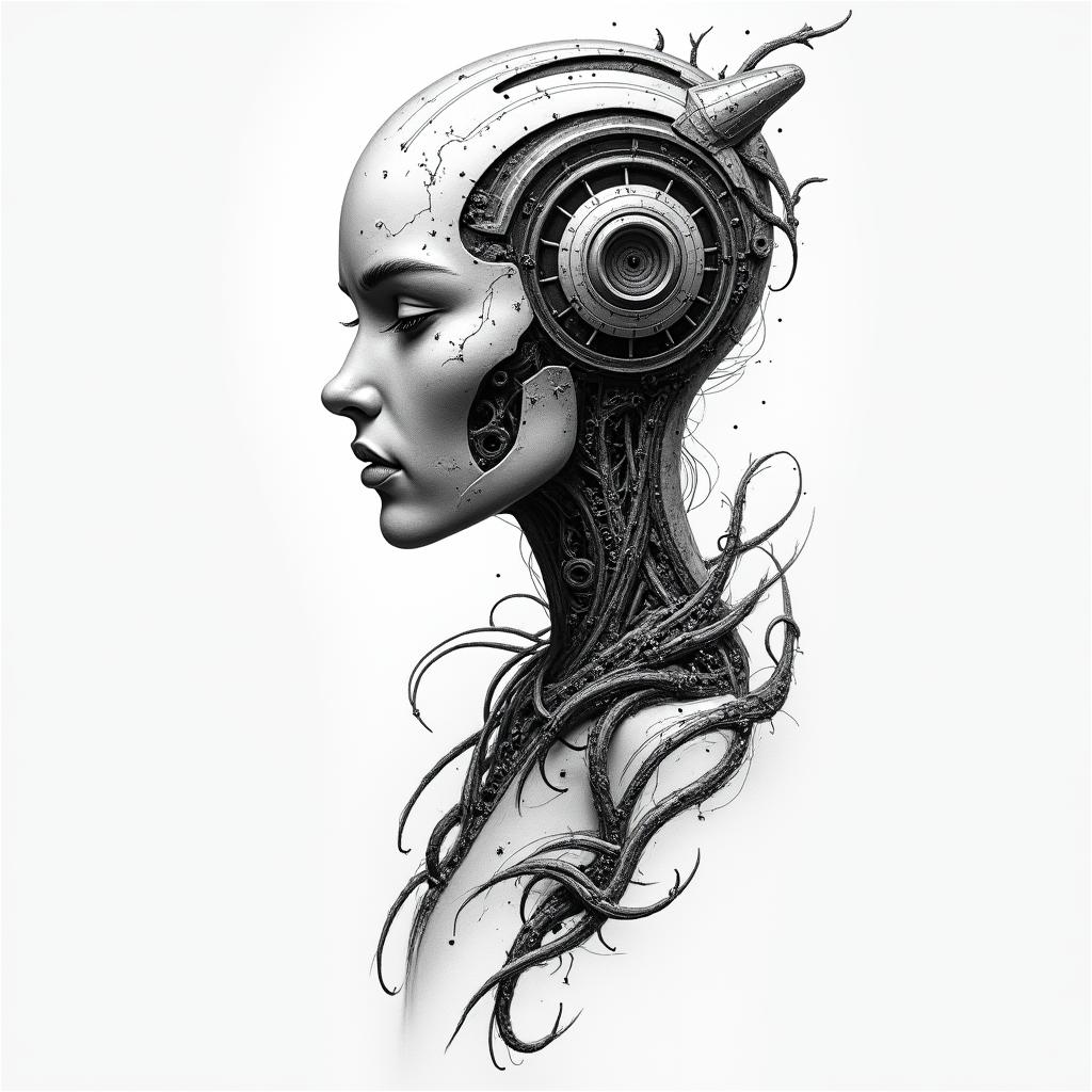 tribaltattoo in biomechanic style, the tattoo covered by robotic elements of futuristic cyberpunk design, robotic features detail, showcasing intricate mechanical components