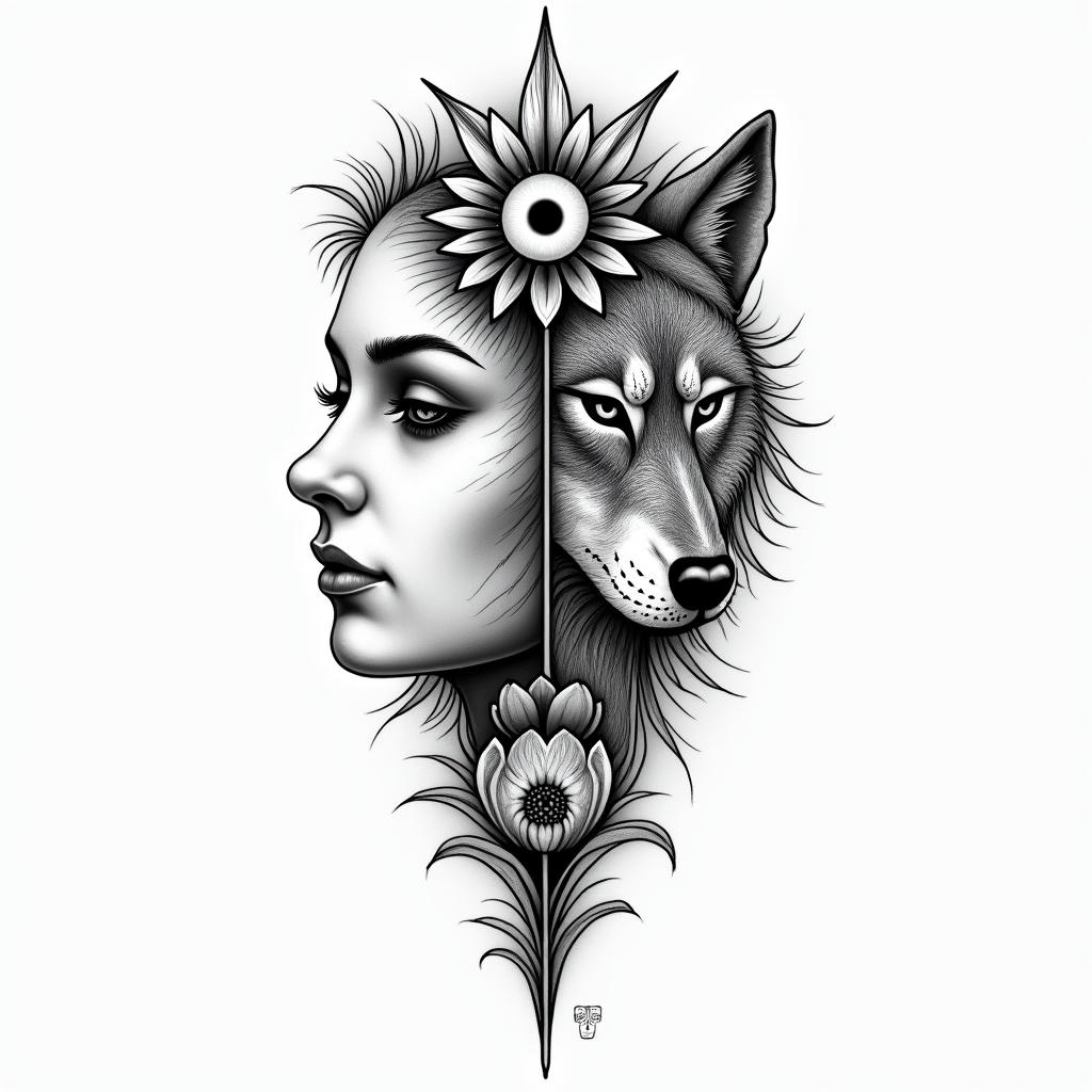I want tatto with half face girl and wolf and one flower and anger and narcist boy standing therein spiritual symbols tattoo style, featuring an intricate design incorporating elements, Hamsa hand, third eye, minimalist composition