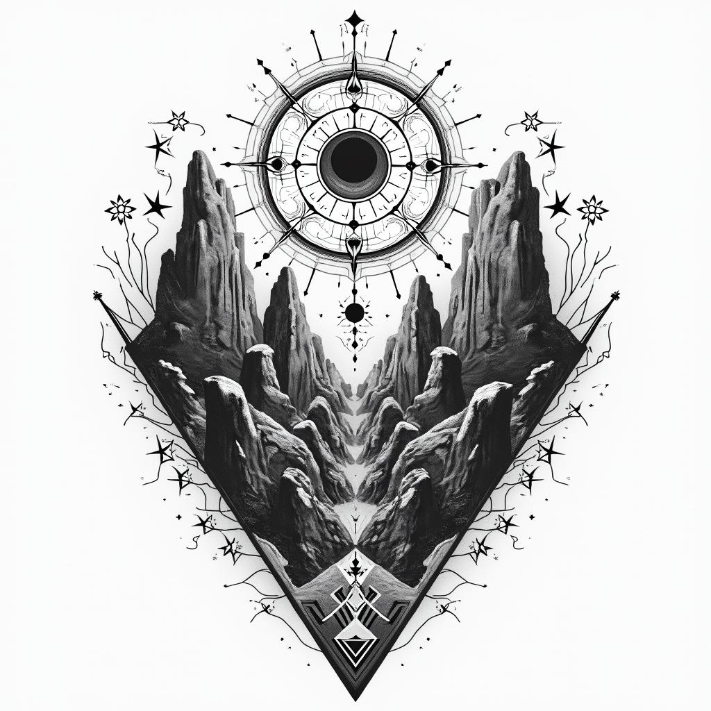 Grand canyon. Loup. Indien.in prophecy tattoo style, featuring mystical symbols, celestial imagery like stars, moons, suns, geometric patterns, foretelling elements, an eye of wisdom - Variation 2