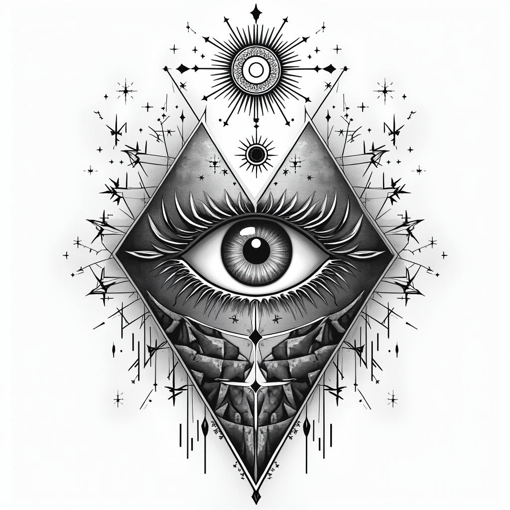 Grand canyon. Loup. Indien.in prophecy tattoo style, featuring mystical symbols, celestial imagery like stars, moons, suns, geometric patterns, foretelling elements, an eye of wisdom