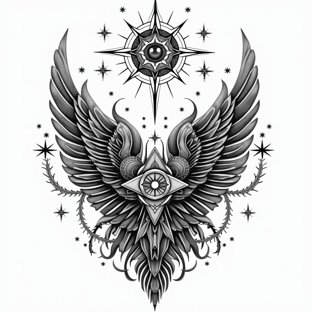 Grand canyon. Loup. Indien.in prophecy tattoo style, featuring mystical symbols, celestial imagery like stars, moons, suns, geometric patterns, foretelling elements, an eye of wisdom - Variation 4