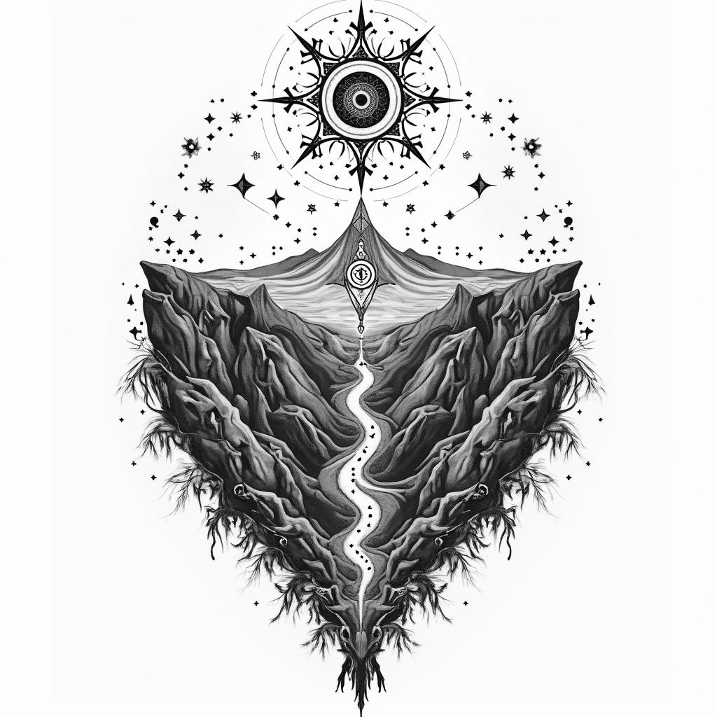 Grand canyon. Loup. Indien.in prophecy tattoo style, featuring mystical symbols, celestial imagery like stars, moons, suns, geometric patterns, foretelling elements, an eye of wisdom - Variation 3