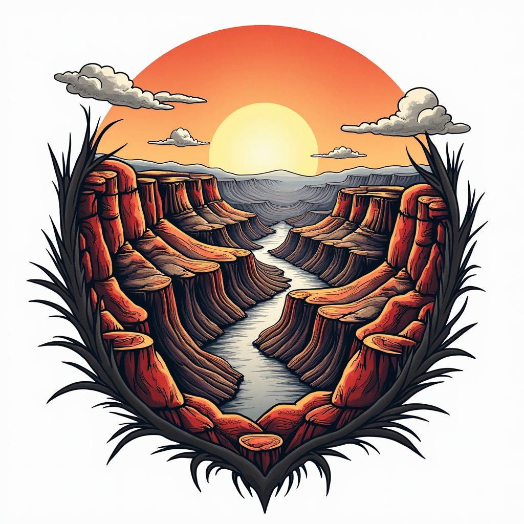 Grand canyonin pop art style tattoo, featuring bold and vibrant colors, exaggerated outlines, iconic imagery, inspired by comic books and speech bubbles, comic book characters, retro pop culture - Variation 3