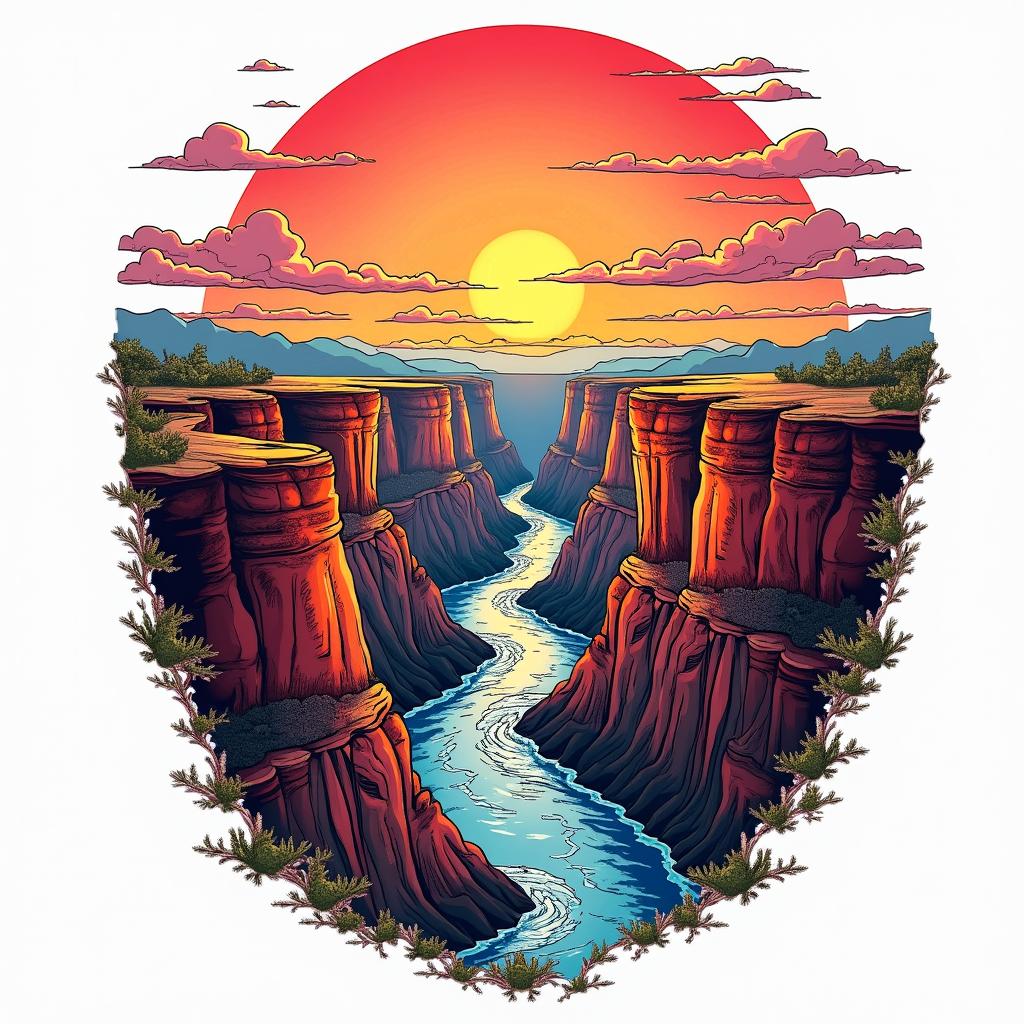 Grand canyon. Loup.in pop art style tattoo, featuring bold and vibrant colors, exaggerated outlines, iconic imagery, inspired by comic books and speech bubbles, comic book characters, retro pop culture - Variation 2