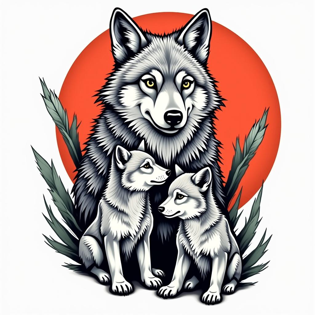 She-wolf with two wolf cubs.in pop art style tattoo, featuring bold and vibrant colors, exaggerated outlines, iconic imagery, inspired by comic books and speech bubbles, comic book characters, retro pop culture - Variation 2