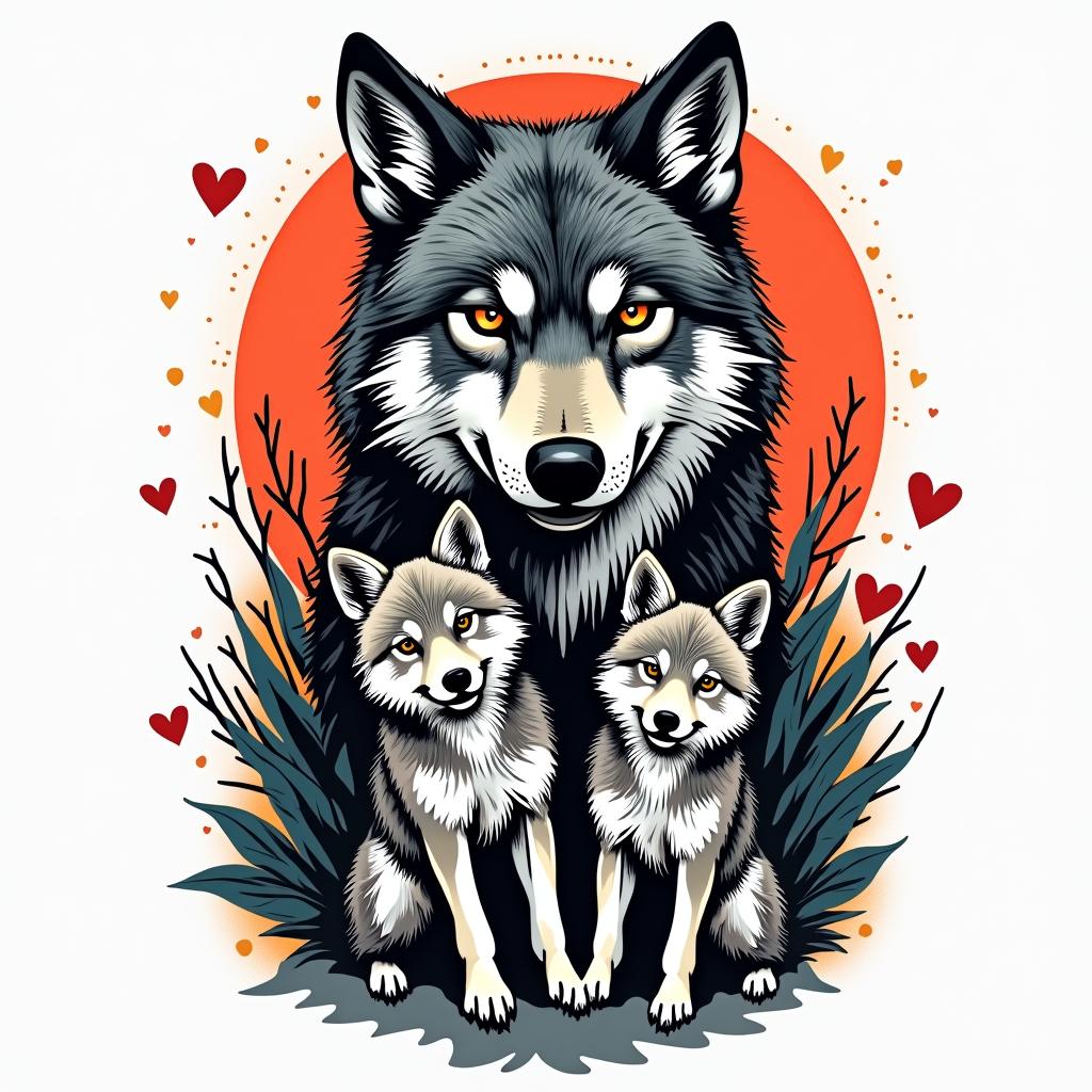She-wolf with two wolf cubs.in pop art style tattoo, featuring bold and vibrant colors, exaggerated outlines, iconic imagery, inspired by comic books and speech bubbles, comic book characters, retro pop culture - Variation 4
