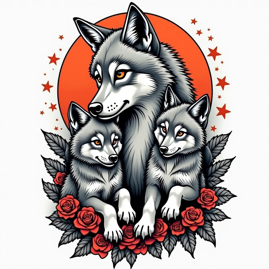 She-wolf with two wolf cubs.in pop art style tattoo, featuring bold and vibrant colors, exaggerated outlines, iconic imagery, inspired by comic books and speech bubbles, comic book characters, retro pop culture - Variation 3