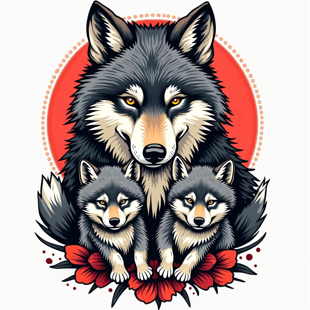 She-wolf with two wolf cubs.in pop art style tattoo, featuring bold and vibrant colors, exaggerated outlines, iconic imagery, inspired by comic books and speech bubbles, comic book characters, retro pop culture