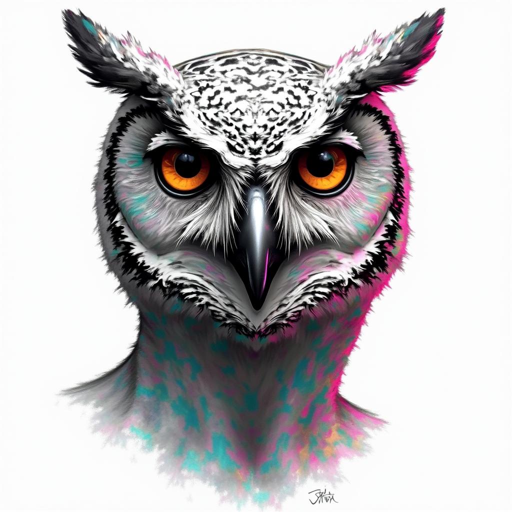 Owl clocks for eyesin distorted and fragmented tattoo design, featuring a classical statue bust, in a glitch art style with vibrant, overlapping colors of cyan, magenta, and yellow, creating a digital distortion effect - Variation 2