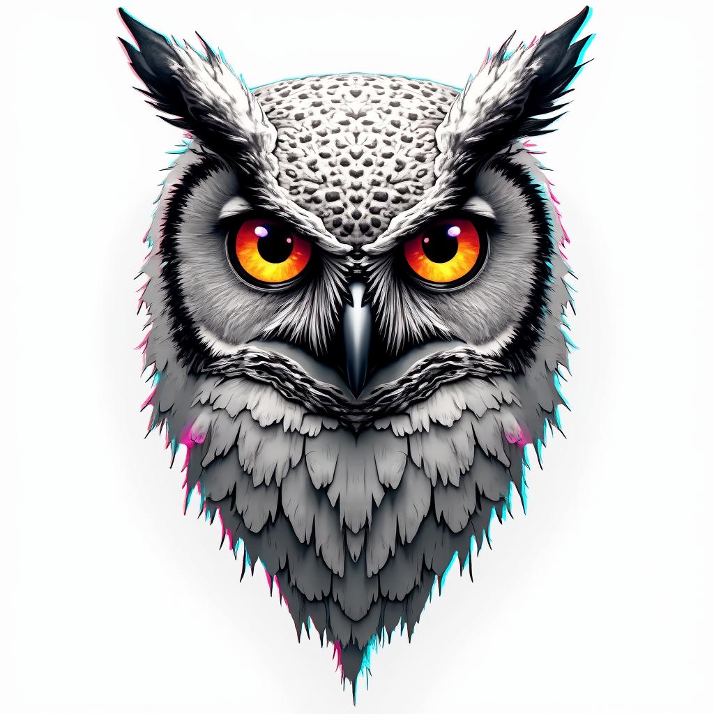 Owl clocks for eyesin distorted and fragmented tattoo design, featuring a classical statue bust, in a glitch art style with vibrant, overlapping colors of cyan, magenta, and yellow, creating a digital distortion effect - Variation 3