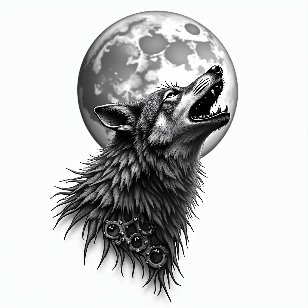 Howling wolf under a full moontattoo in biomechanic style, the tattoo covered by robotic elements of futuristic cyberpunk design, robotic features detail, showcasing intricate mechanical components - Variation 2