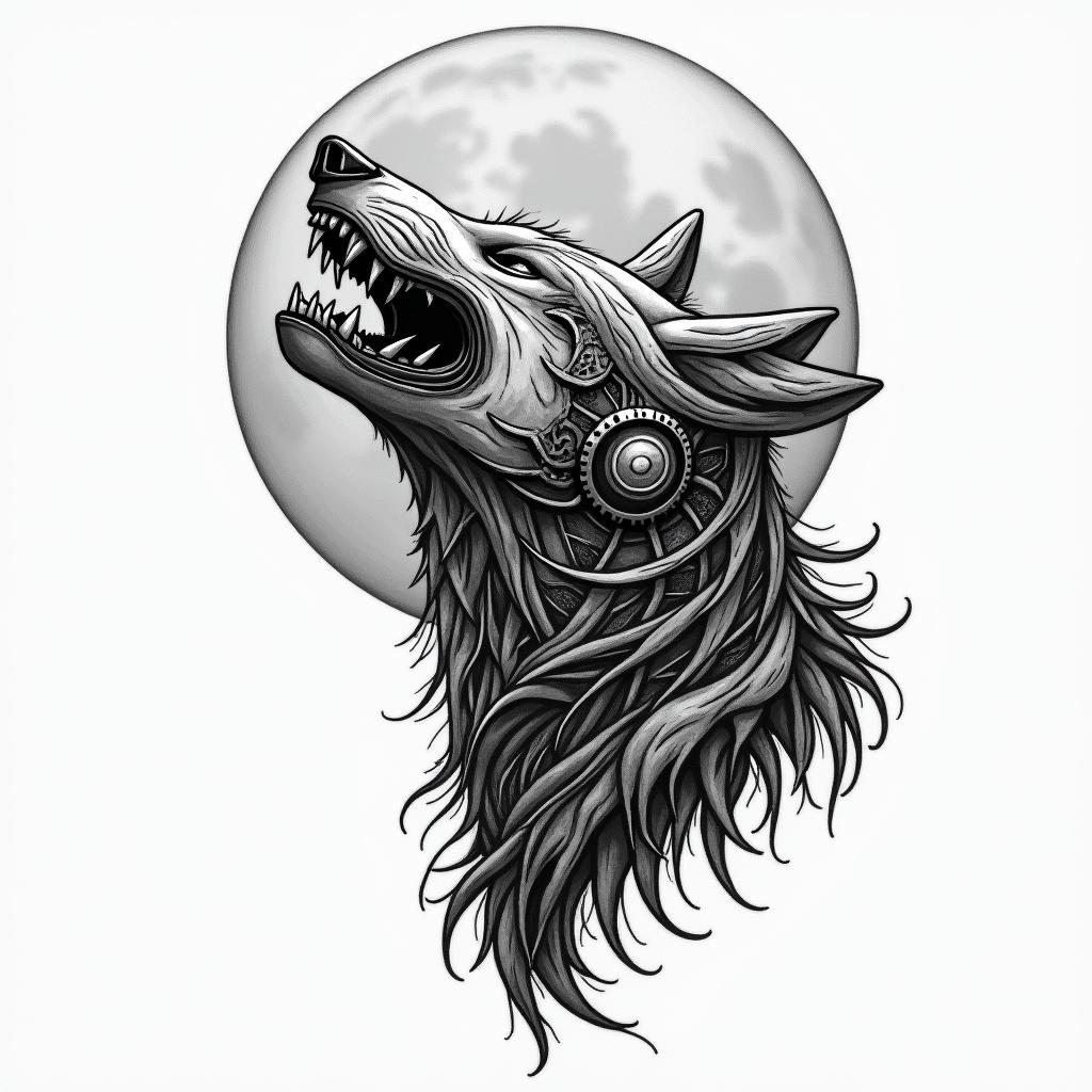 Howling wolf under a full moontattoo in biomechanic style, the tattoo covered by robotic elements of futuristic cyberpunk design, robotic features detail, showcasing intricate mechanical components - Variation 4