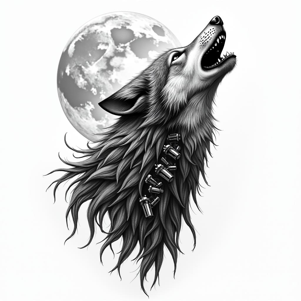 Howling wolf under a full moontattoo in biomechanic style, the tattoo covered by robotic elements of futuristic cyberpunk design, robotic features detail, showcasing intricate mechanical components