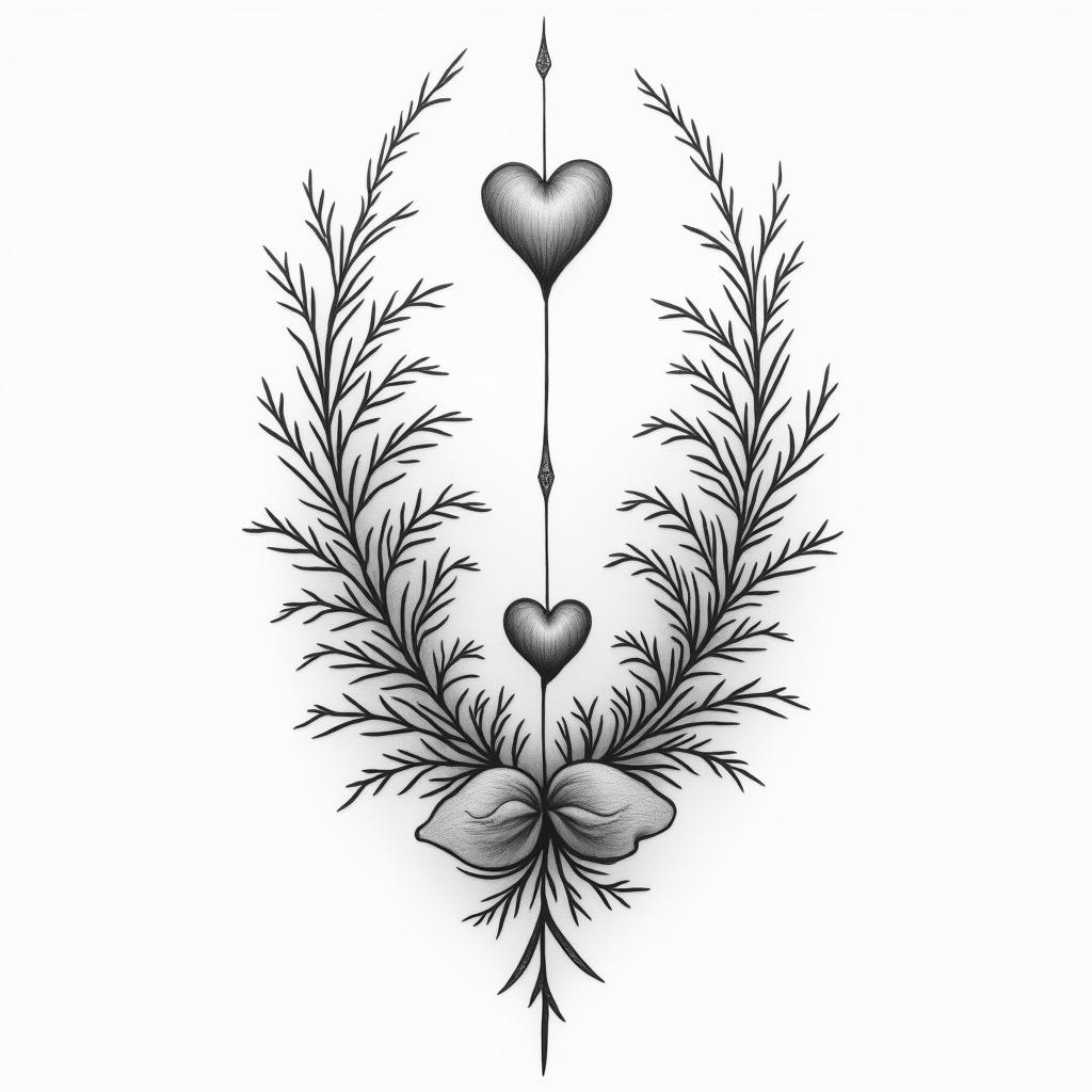 Underboobin Modest style tattoo, featuring soft, delicate line work with simple and meaningful symbols, gentle waves, a heart, evoking a sense of serenity and grace,