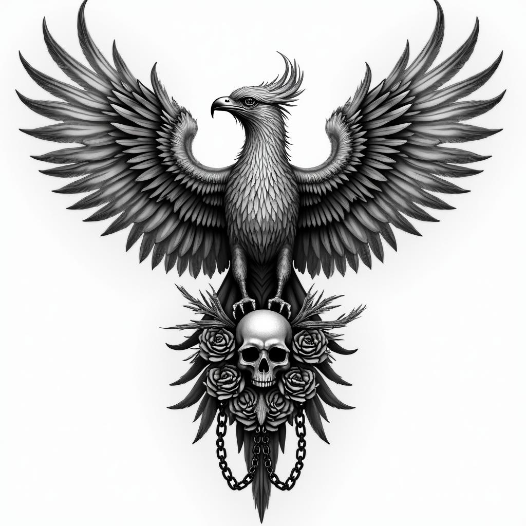 Rising phoenix with vividly fiery wingsin chicano style tattoo, featuring intricate black and grey shading, bold elements of traditional chicano culture symbols, add a big cross with skull, chains and roses - Variation 4