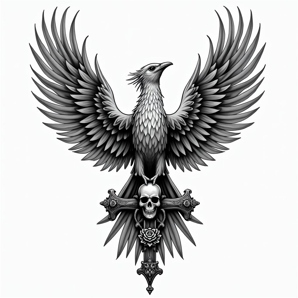 Rising phoenix with vividly fiery wingsin chicano style tattoo, featuring intricate black and grey shading, bold elements of traditional chicano culture symbols, add a big cross with skull, chains and roses - Variation 3