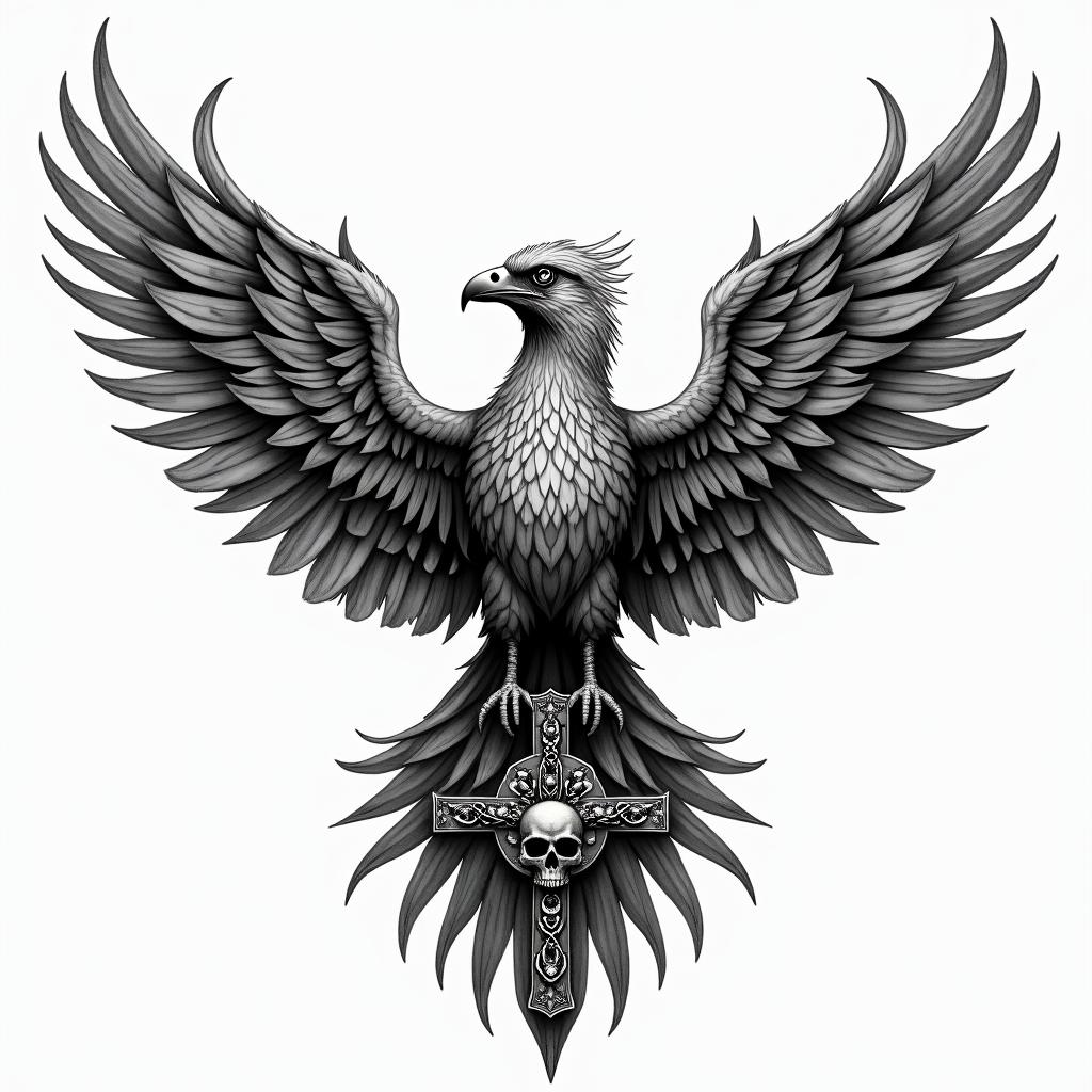 Rising phoenix with vividly fiery wingsin chicano style tattoo, featuring intricate black and grey shading, bold elements of traditional chicano culture symbols, add a big cross with skull, chains and roses
