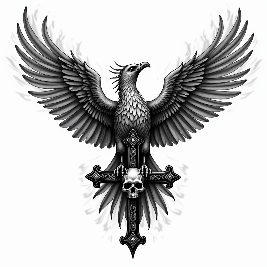 Rising phoenix with vividly fiery wingsin chicano style tattoo, featuring intricate black and grey shading, bold elements of traditional chicano culture symbols, add a big cross with skull, chains and roses - Variation 2