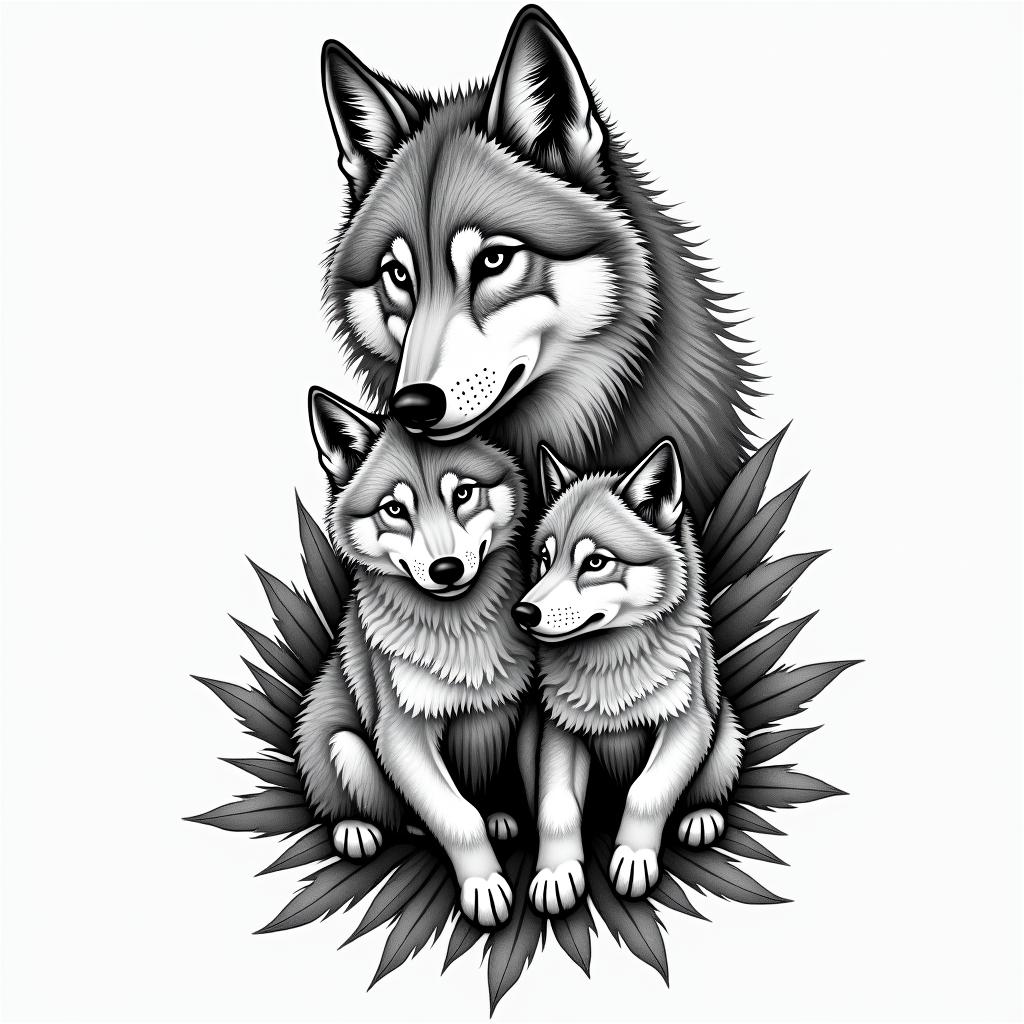 She-wolf with two wolf cubs.in authentic tattoo style, incorporating traditional modifications, bold black outlines, solid color fills, featuring classic authentic elements - Variation 3