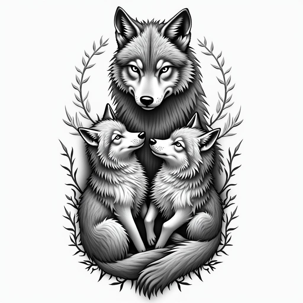 She-wolf with two wolf cubs.in authentic tattoo style, incorporating traditional modifications, bold black outlines, solid color fills, featuring classic authentic elements - Variation 2