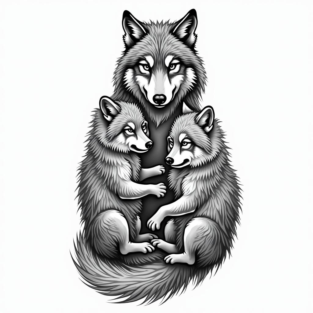 She-wolf with two wolf cubs.in authentic tattoo style, incorporating traditional modifications, bold black outlines, solid color fills, featuring classic authentic elements