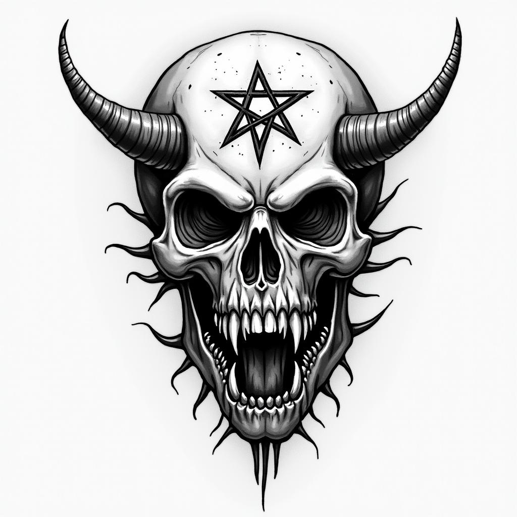 Planet earthcreepy horror tattoo style, featuring an eerie and unsettling skull of a demonic creature, distorted face with sharp fangs, add pentagram symbol - Variation 3