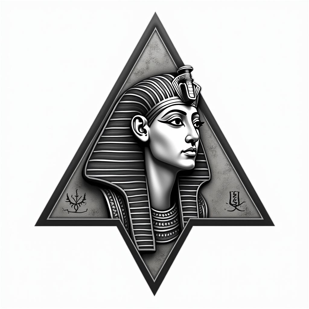 Simple triangle with a line throughin egyptian style tattoo, bold elements of ancient egyptian culture including a portrait of an Egyptian pharaoh with detailed facial features, in hieroglyphs and symbolic imagery, eye of horus, ankh symbol, scarab beetle - Variation 2